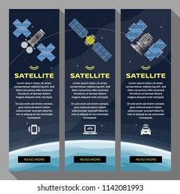 Set of vertical banners with isolated communication satellite in space with earth, stars background, text, button and icon. Universal template for a web site.