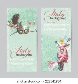 Set of vertical banners of Italy. Cities of Pisa and Venice with a mask and a pink moped