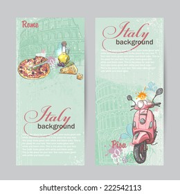 Set of vertical banners of Italy. Cities of Rome and Pisa with the image of a pink moped, pizza, cheese and oil cans