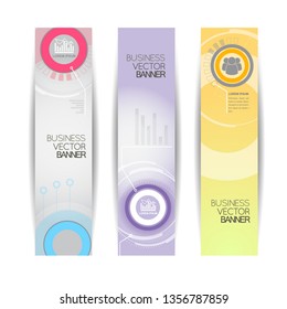 Set of vertical banners in light tones with business icons and software interface elements isolated vector illustration