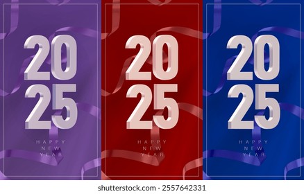 A set of vertical banners with the metallic numbers 2025 and a serpentine on a background of colored fabric in different colors. Modern design for New Year and Christmas cards. 3D vector