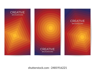 set of vertical banners with a modern abstract design of concentric geometric shapes creating a gradient effect from the center outwards, transitioning from yellow to deep red and brown tones.