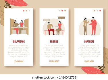 Set of vertical banners - Modern cartoon flat people characters talking, colourful contour style. Colorful character people in conversation. Friendly talking,Business meeting