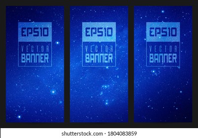 Set of vertical banners with night starry sky and Milky Way. Space vector background with our galaxy in cosmos. Dark blue backdrop with fragment of universe for website, design