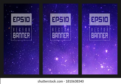 Set of vertical banners with night starry sky and Milky Way. Space vector background with our galaxy in cosmos. Dark blue backdrop with fragment of universe for website, design
