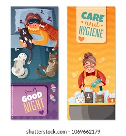 Set of vertical banners with old lady and cats during night sleep, pet washing isolated vector illustration 