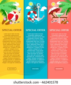 Set of vertical banners on trips with place for your text. Travel, vacation in flat style. Vector illustration