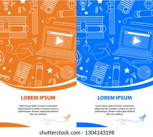 Set of Vertical Banners in Orange and Blue Color with Copy Space. School Accessories White Outline Ornament. Stationery Stuff Signs. Back to School, University, College Flyer. Vector Illustration.
