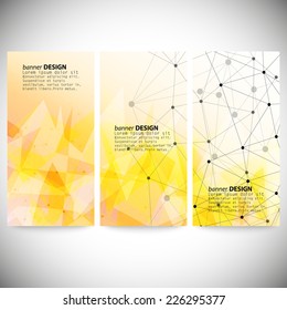 Set of vertical banners. Orange triangle design background, vector illustration.