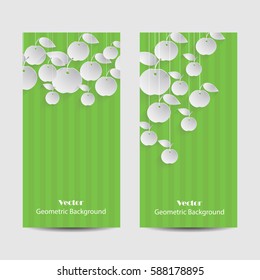 Set of vertical banners. Paper apples with drop shadows hanging on strings. Green striped background.