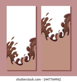 Set of vertical banners with paper cut sweet waves of chocolate. 3D Cover with streams and drops of water. Vector template with choco splash illustration for articles, menu, voucher and your design.