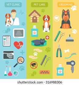 Set of vertical banners. Pet care. Vet clinic. Grooming. Flat design. Vector illustration
