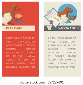 Conjunto de banners verticales. Alimentación y cuidado de mascotas. Vacunación veterinaria o clínica de veterinaria. Diseño plano. Ilustración del vector