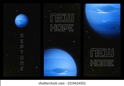 Set of vertical banners with planet Neptune in outer space. Space background with eighth planet of solar system. Cards for design with realistic blue sphere in galaxy. Celestial object for website