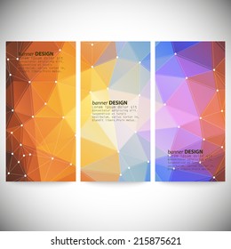 Set of vertical banners with polygonal abstract shapes, circles, lines and triangles. Triangle design vector illustration