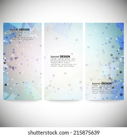 Set of vertical banners with polygonal abstract shapes, circles, lines and triangles. Triangle design vector illustration