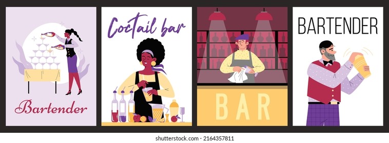 Set of vertical banners or posters about bartender work flat style, vector illustration isolated on dark background. Characters making cocktails and spilling alcohol drinks, bar counter, glasses