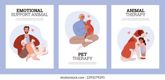 Set of vertical banners or posters about emotional support animal flat style, vector illustration isolated on blue background. Hearts, people hugging pets, animal therapy