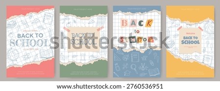 Set of vertical banners and posters for Back to School. School posters with torn paper, modern typography, letters cut out from magazines, and collage elements. Hand drawn school stationery on notebook paper.