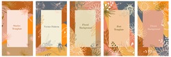 Set Of Vertical Banners For Posts, Ad, Stories, Flyers. Texture In Orange, Yellow, Blue. Summer, Autumn Harvest Theme, Plants, Nature. Contour Flower Drawing, Leaves, Butterflies. Vector Illustration