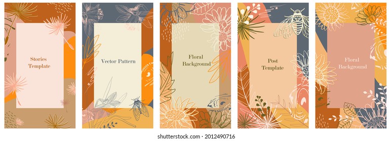 Conjunto de banners verticales para posts, anuncios, historias, volantes. Textura en naranja, amarillo, azul. Verano, tema de cosecha otoño, plantas, naturaleza. Dibujo de flores de contorno, hojas, mariposas. Ilustración del vector