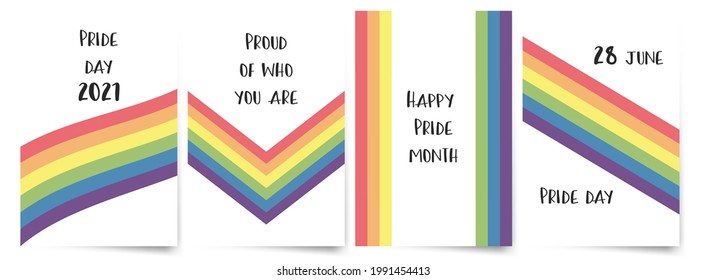 A set of vertical banners with a pride-colored striped ribbon flag isolated on a white background. Happy Pride Month. LGBT Pride Month or Pride Day poster, flyer, invitation card. Design template