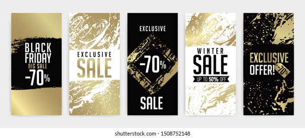 Set of vertical banners for promotion, offers and sales.Templates for social media stories. Vector illustration. Golden texture, editable color. Sample text.
