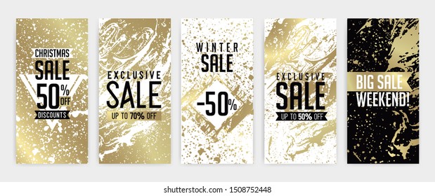 Set of vertical banners for promotion, offers and sales.Templates for social media stories. Vector illustration. Golden texture, editable color. Sample text.