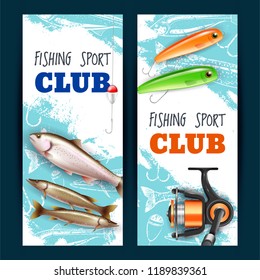 Set of vertical banners realistic fishing tackles trout and pike isolated on blue white background vector illustration 