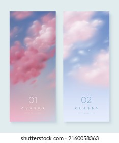 Set of vertical banners with realistic sky and clouds. Collection of nature landscape background. Vertical illustration
