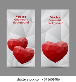 Set of vertical banners. Red abstract polygonal hearts on grey background. . Business, science, medicine and technology design.