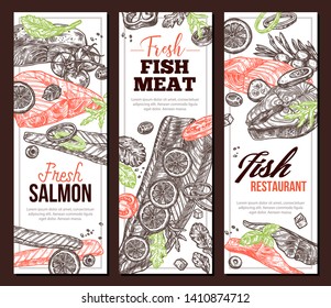 Set of vertical banners with red fish food and meat. Cooking of salmon. Hand drawn illustration for seafood menu and recipes. Vector sketch set