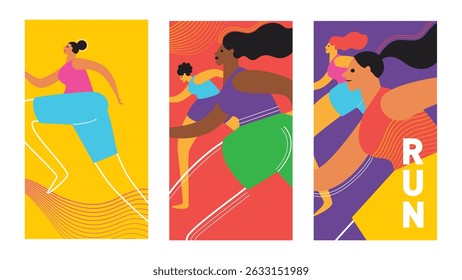 Set of vertical banners with running people