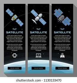 Set of vertical banners with satellite in space, earth, stars background, text and icon. Universal template for a web site.