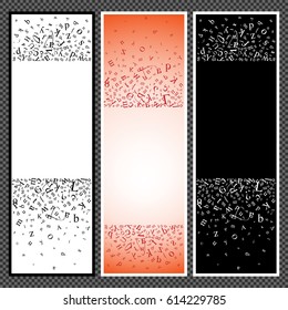 Set of vertical banners. Banners with scatter alphabet symbols. Studying and learning concept. Vector illustration.