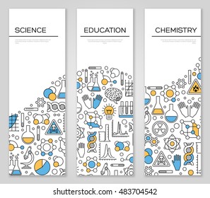 Set of Vertical Banners with Science, Chemistry and Education Symbols. Modern Line Icons with Color Accent. Vector illustration. 