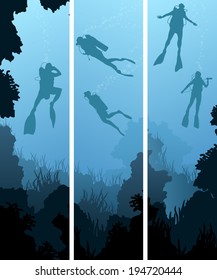 Set vertical banners of scuba divers under water among coral in cave.