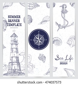 Set of vertical banners with sea nautical elements. Sealife design. Hand drawn illustration. Vector sketch in line art graphic style on vintage background. Template for book, web, touristic brochure