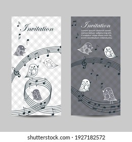 Set of vertical banners with singing birds and musical elements. Music school lettering.