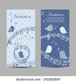 Set of vertical banners with singing birds and musical elements. Music school lettering.