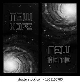 Set of vertical banners with spiral galaxy in outer space. Black and white background with realistic astronomical object in cosmos. Can be used for website. Elements of this image furnished by NASA