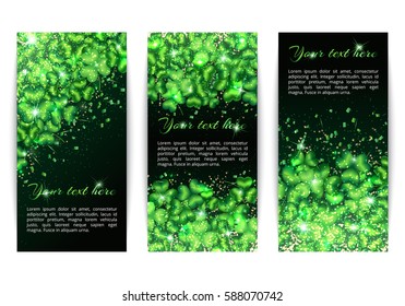 A set of vertical banners in the style of Saint Patricks Day. Glitter background with shimmering lights and a pattern of shamrocks
