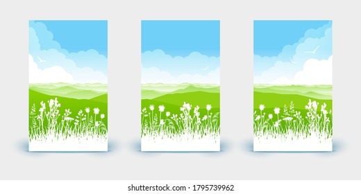 Set of vertical banners - summer scene with wild herbs and mountains on cloudy sky background