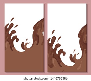Set of vertical banners with sweet waves of chocolate. Cover with streams and drops of water. Vector template with choco splash illustration for articles, menu, voucher and your design.