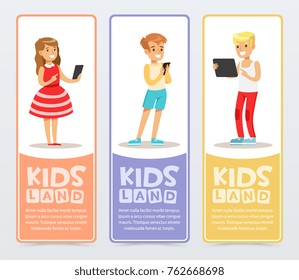 Set of vertical banners with teenagers using modern gadgets and reading e-books. Learning and studying. Education concept. Flat vector characters.