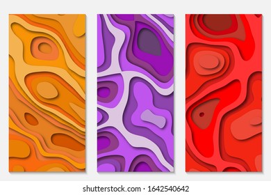 Set of vertical banners templates with 3D abstract background and paper cut shapes. Red, orange and purple design layout for business presentations, flyers, posters and invitation Vector Illustration