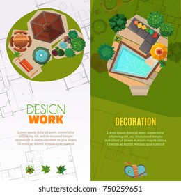 Set of vertical banners top view with design work and landscape decoration isolated vector illustration 
