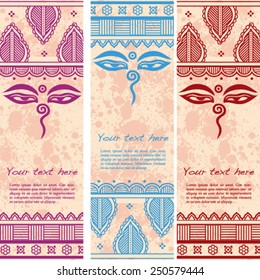 Set of vertical banners with traditional Buddha eyes symbol on textured background with henna design borders