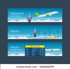 Set of vertical banners. Travel, flight by passenger plane. Flying airplane, airliner. Logistics, transportation, delivery services. Departure from airport, aircraft arrival Vector illustration