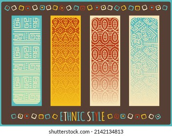 Set of vertical banners with tribal ornaments of red, yellow, blue and beige colors. Vector illustration EPS8